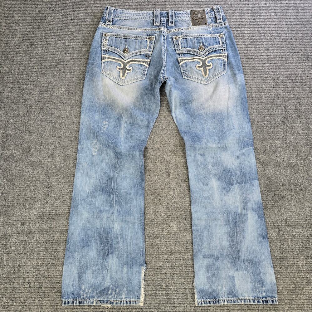 Rock Revival Aubin Jeans Mens 36x32 Blue Relaxed Straight Distressed Flap